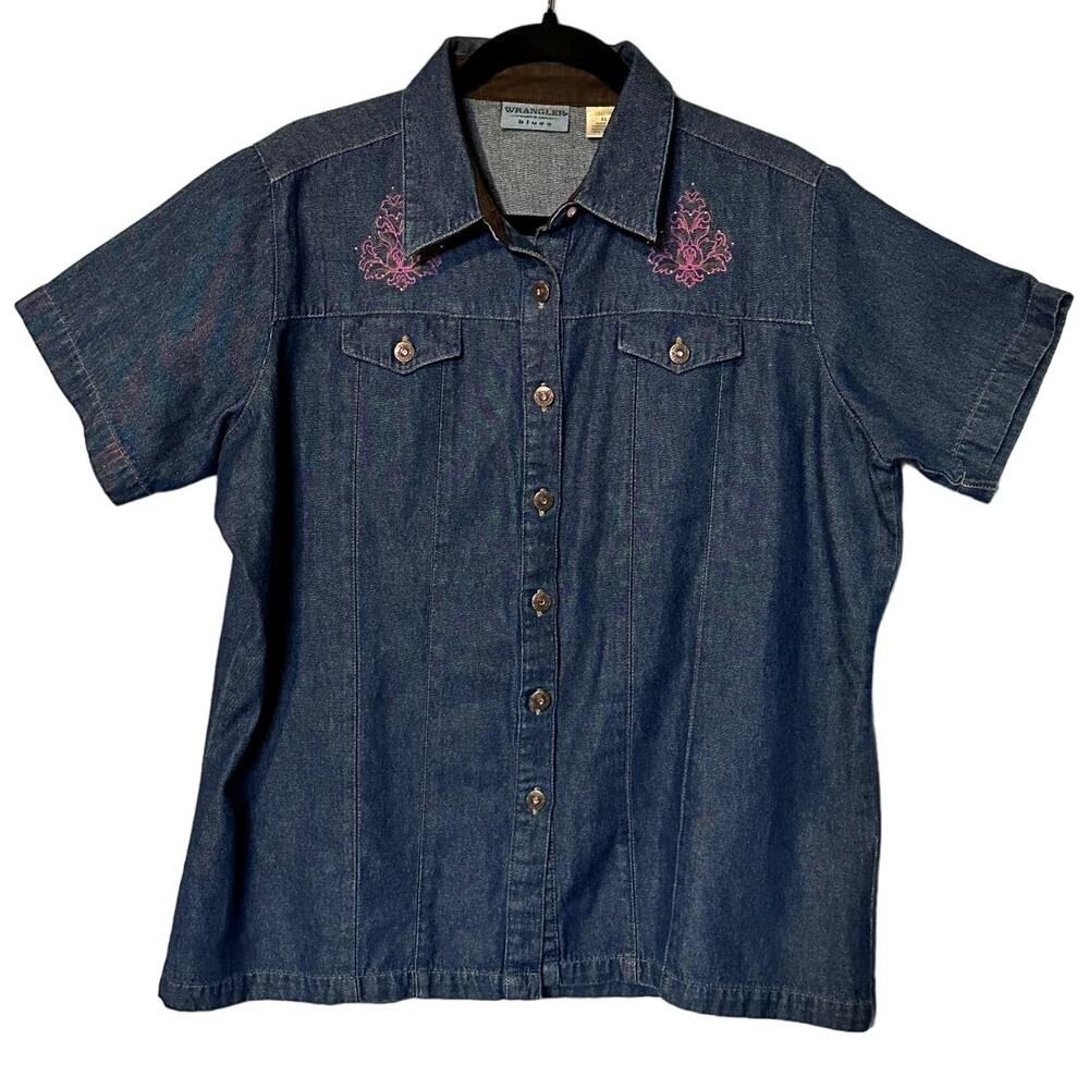Vintage Wrangler Denim Sz XL Suede Collar Button Western Embroidered Top